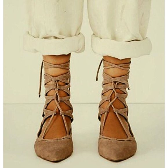 Free People Shay Lace-Up Flats Taupe Suede Leather Corset Strappy Distressed 6 - Picture 2 of 16